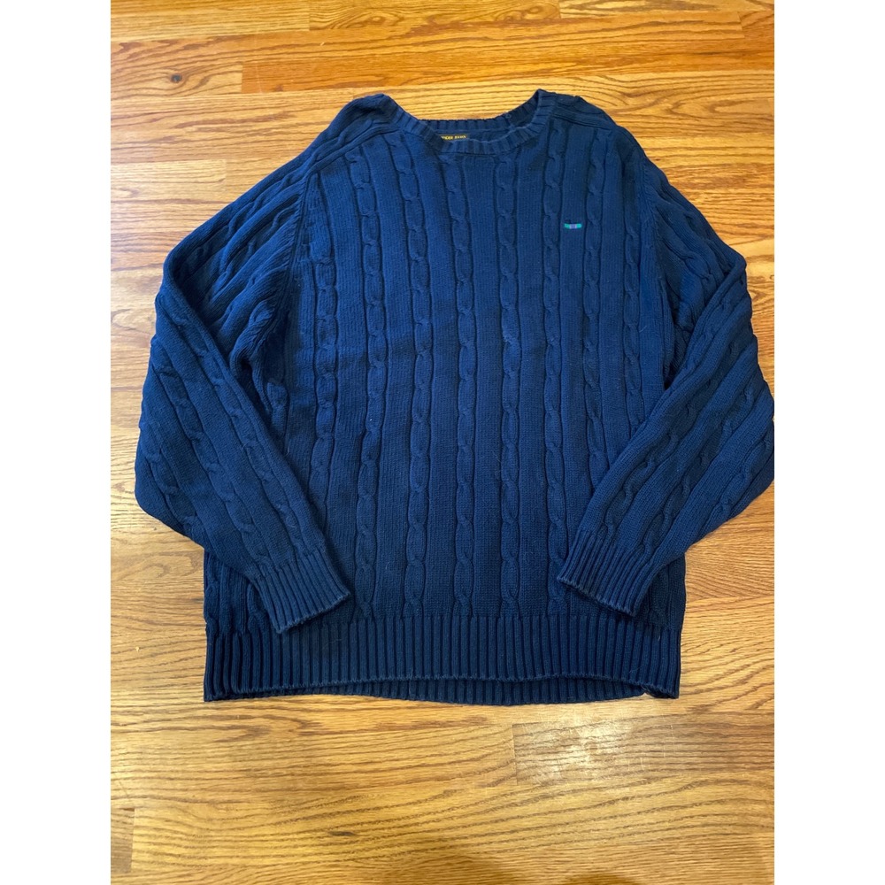 VTG Colours Alexander Julian Mens Sweater‎ XL Blue Cable Knit Cotton Crew Neck